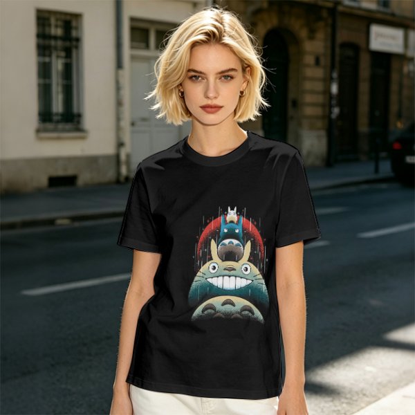 Olive green t-shirt with stacked Totoro characters graphic