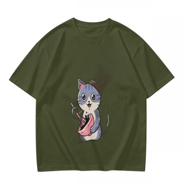 Olive Green T-Shirt With Cute Chef Cat Mixing Batter Print