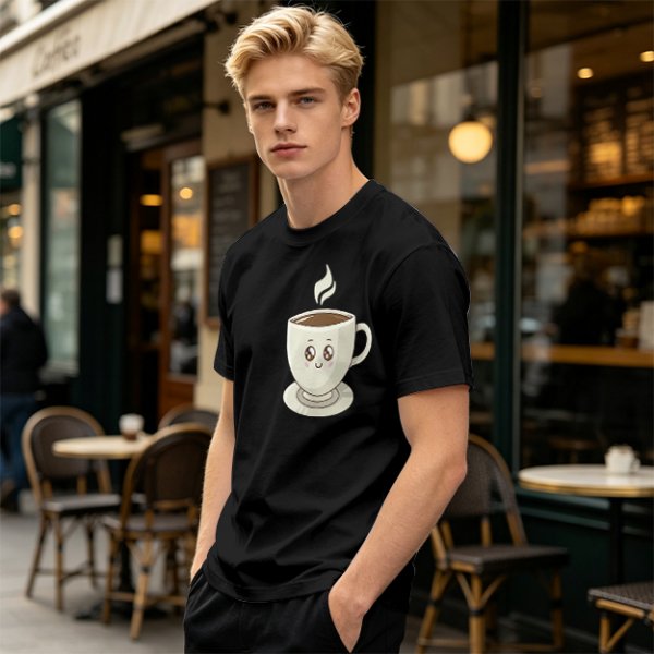 Olive Green T-Shirt With Cute Smiling Steaming Coffee Cup Print
