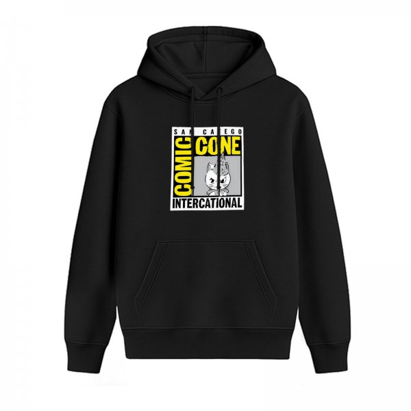 Black hoodie with Comic Cone Intercational cat graphic