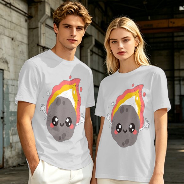 Olive green t-shirt with cute cartoon flaming asteroid graphic