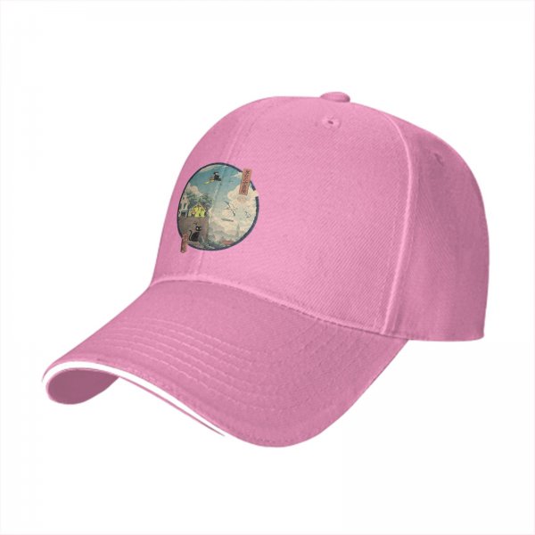 Black baseball cap with witch and black cat fantasy town print