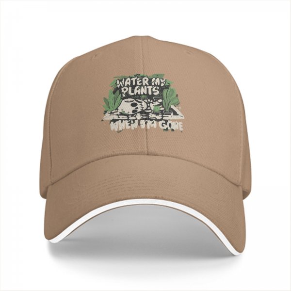 Black baseball cap with 'Water My Plants When I'm Gone' skull and plant graphic