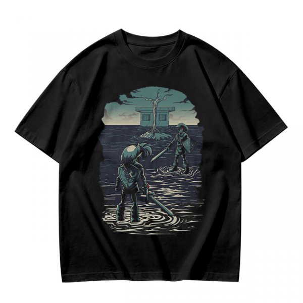 Olive T-shirt with two warriors standing in water holding swords
