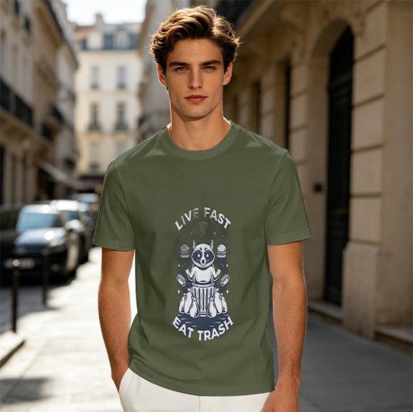 Olive graphic t-shirt with raccoon 'Live Fast Eat Trash' print