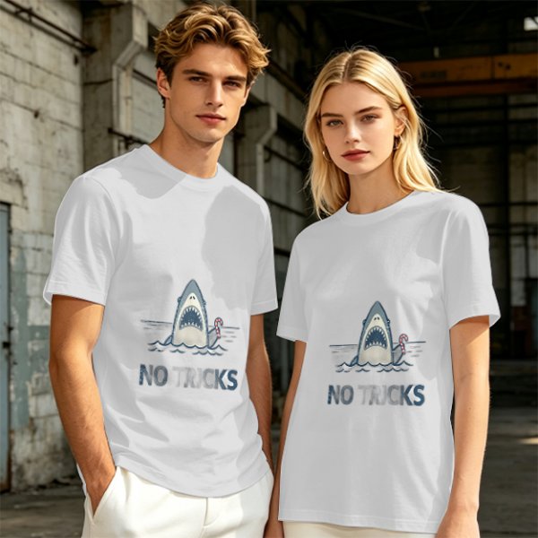 Olive T-shirt with Shark Holding Candy Cane and No Tricks Text