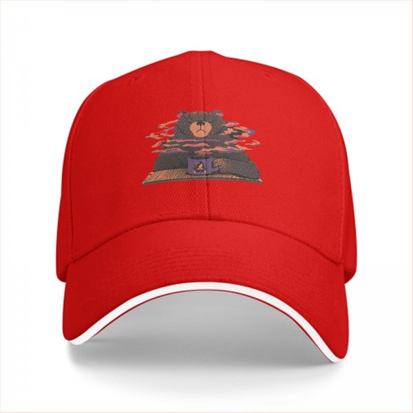 Black baseball cap with a bear holding a steaming coffee mug print
