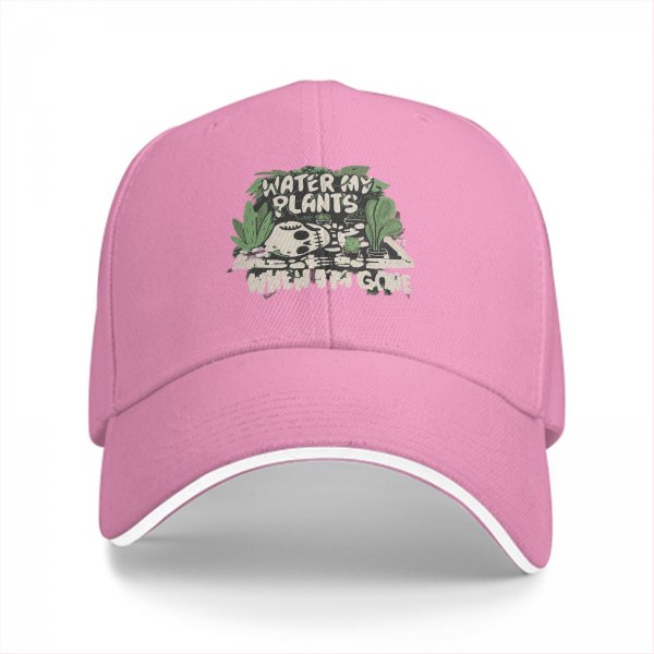 Black baseball cap with 'Water My Plants When I'm Gone' skull and plant graphic