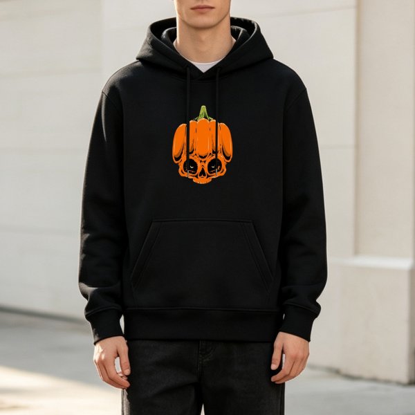 Black Hoodie With Spooky Pumpkin Skull Halloween Graphic