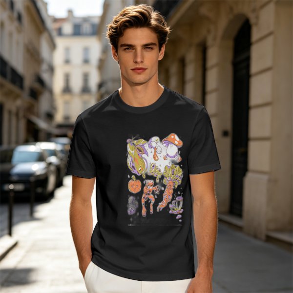 Olive Green T-Shirt With Surreal Mushroom And Vegetable Graphic Print