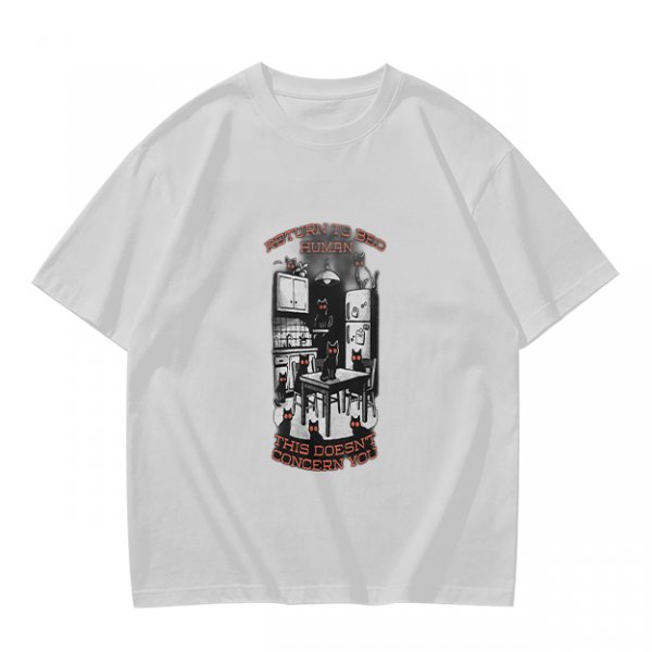 Olive t-shirt with cat kitchen graphic and 'Return to bed human' text