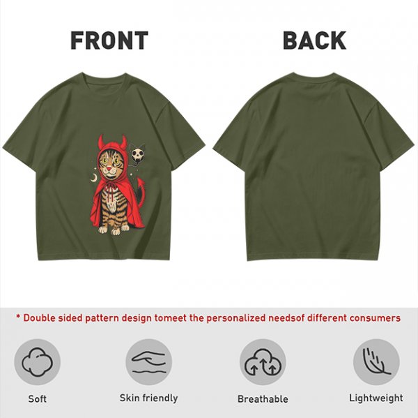 Olive T-shirt with a tabby cat in a devil hood and skull cat graphic
