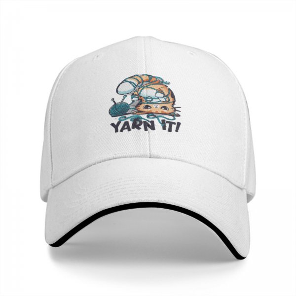 Black baseball cap with tangled orange cat and yarn it graphic