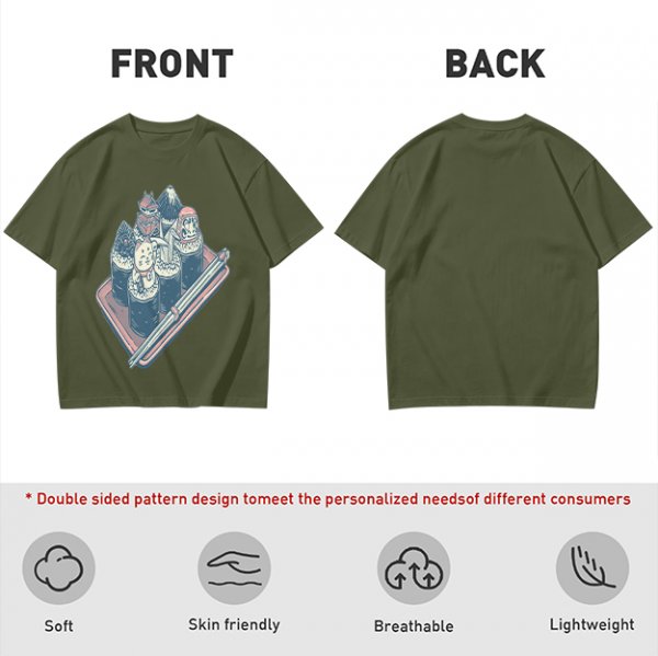 Olive T-Shirt With Sushi Themed Character Art Print