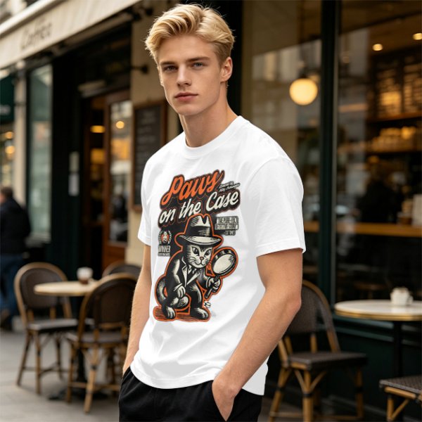 Olive t-shirt with detective cat 'Paws on the Case' graphic