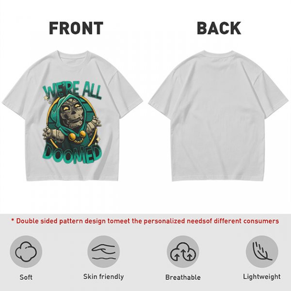 Olive T-Shirt Featuring 'We're All Doomed' and Doom Character Art