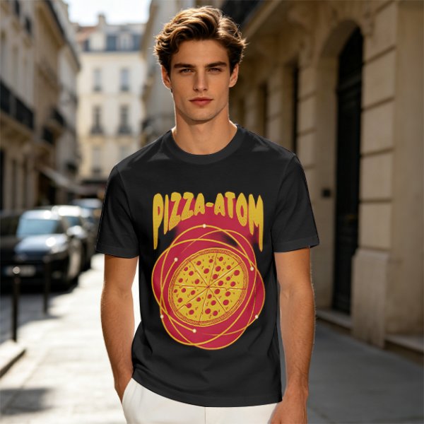 Olive green graphic t-shirt with pizza atom design