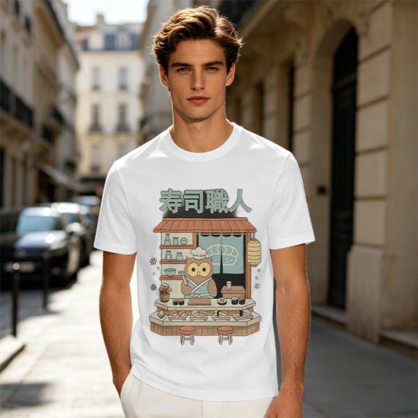 Owl sushi chef at Japanese sushi shop graphic t-shirt