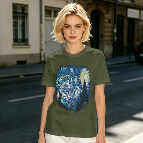 Olive T-Shirt with Starry Night Art Print