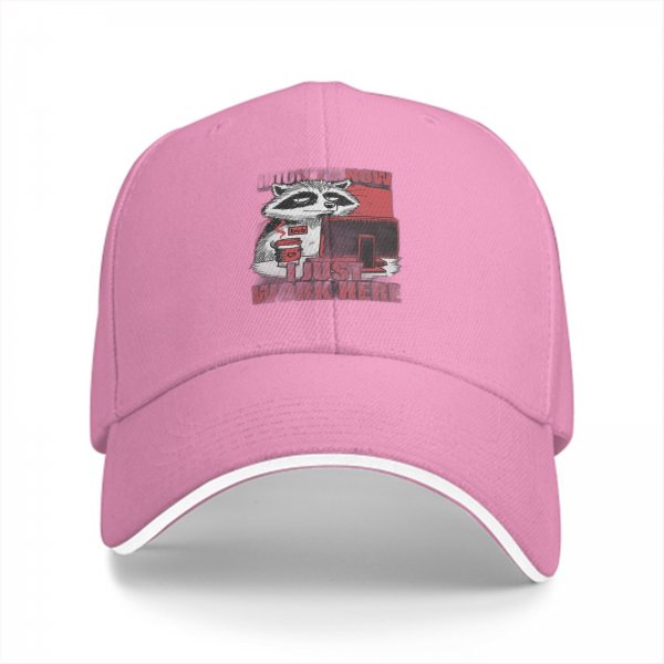 Black baseball cap with a tired raccoon office worker graphic