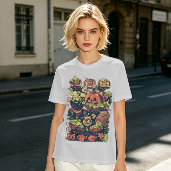 Olive T-Shirt With Halloween Themed Food And Pumpkin Cat Print