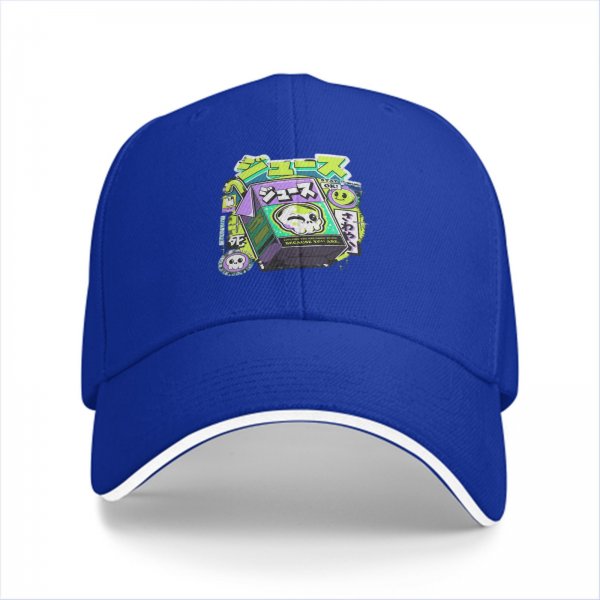 Black baseball cap with neon skull juice box graphic