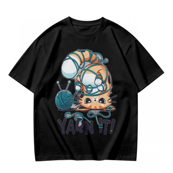 Olive T-shirt with Tangled Orange Cat Yarn It Print