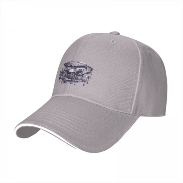 Black baseball cap with gothic teacup skull and rose print