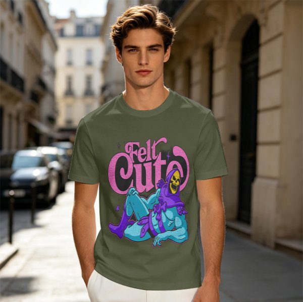 Olive t-shirt with 'Felt Cute' Skeletor graphic print