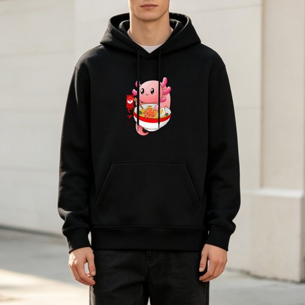 Black hoodie featuring a cute axolotl eating ramen bowl design