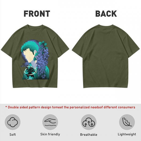 Anime Character Silhouette Wisteria Floral Graphic Olive T-Shirt