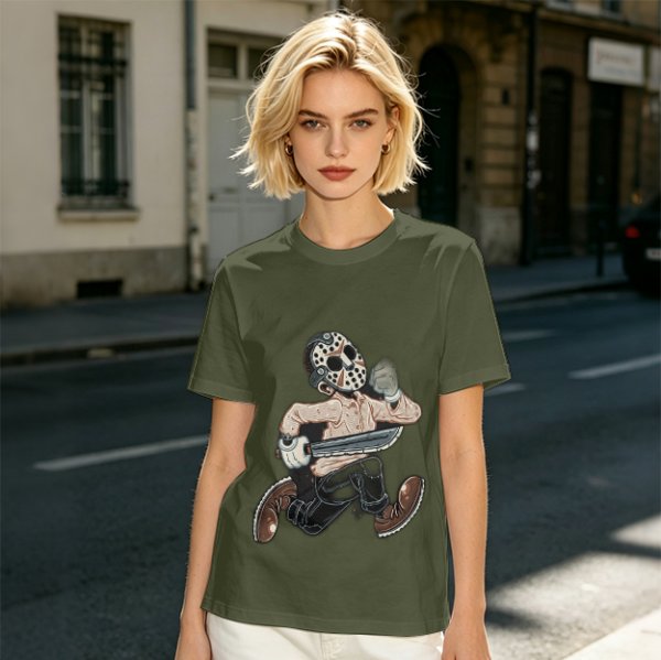 Olive T-Shirt with Cartoon Jason Voorhees Graphic Print