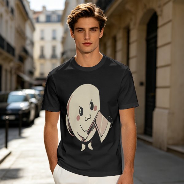 Olive T-Shirt With Cute Angry Ghost Holding Axe Graphic