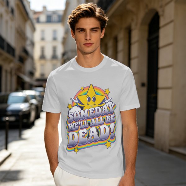 Olive graphic t-shirt with 'Someday We'll All Be Dead!' star and rainbow print