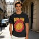 Olive green graphic t-shirt with pizza atom design