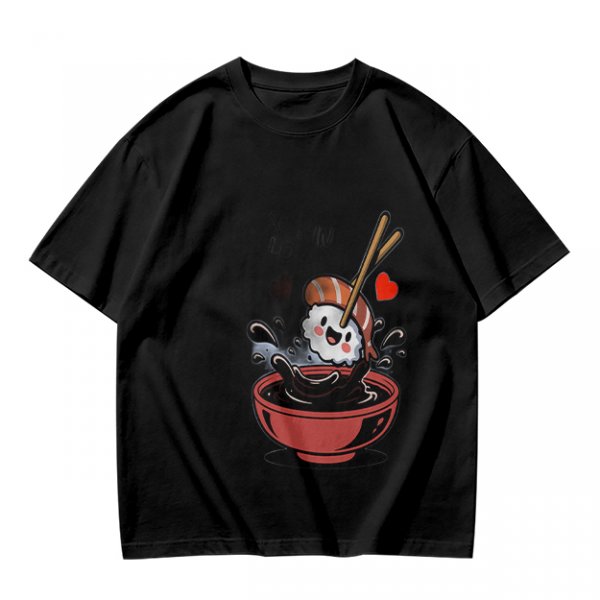 Olive T-shirt with Cute Sushi Dipping in Soy Sauce Graphic