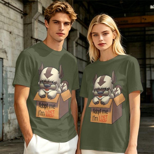 Olive t-shirt with Appa in a box that says Adopt me I'm Lost