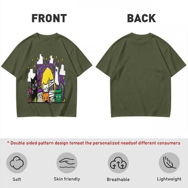 Olive T-Shirt With Halloween Themed Cute Cat Characters Print