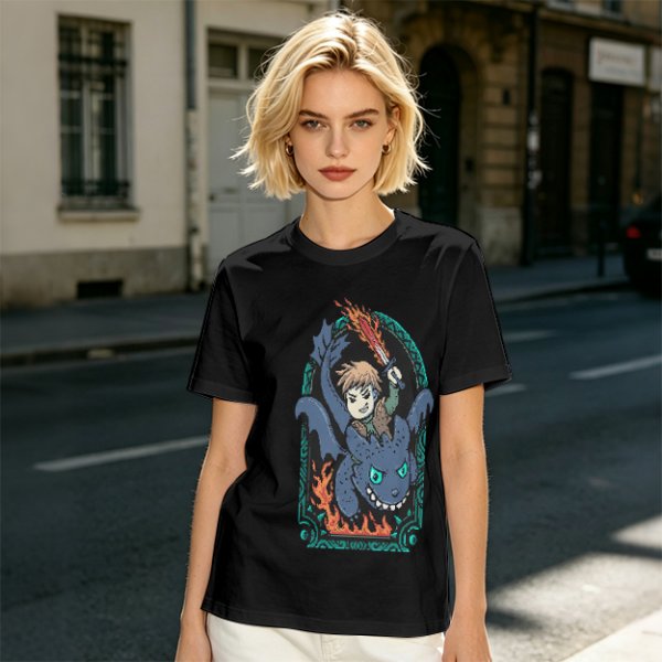 Olive T-shirt with How to Train Your Dragon Toothless and Hiccup Print