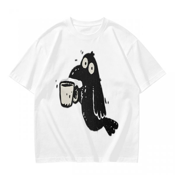 Olive Green T-Shirt With Cartoon Crow Holding Coffee Mug Print