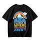 Olive graphic tee with cute mountain rainbow and 'I Wanna Be Where The People Aren't' text
