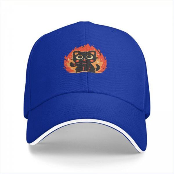 Black Baseball Cap With Cute Black Cat Surrounded By Flames Graphic