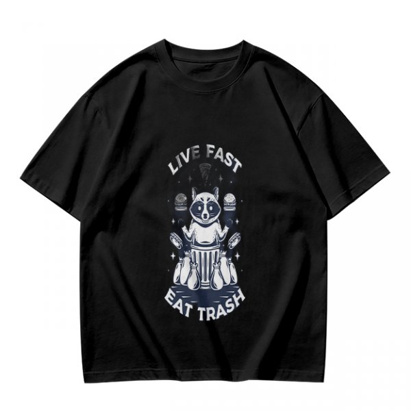 Olive graphic t-shirt with raccoon 'Live Fast Eat Trash' print