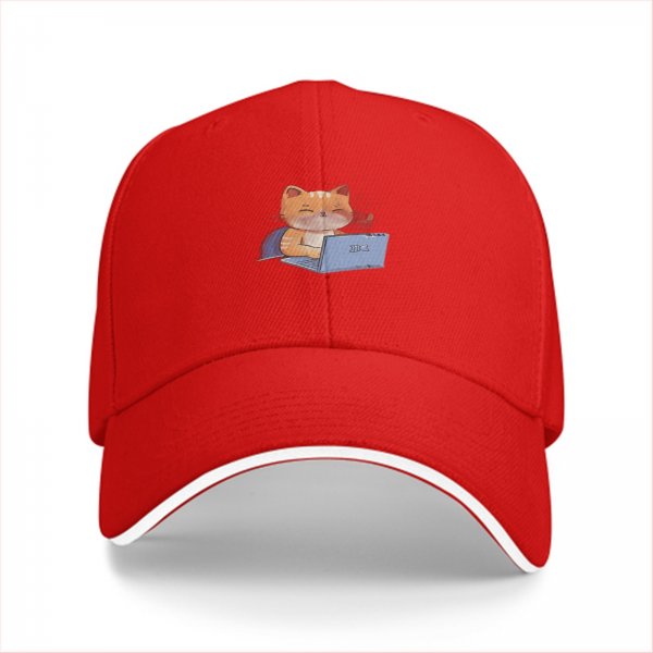 Black baseball cap with a cartoon cat working on a laptop print