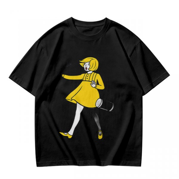 Olive Green T-Shirt With Whimsical Yellow Girl Graphic Print