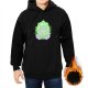 Black hoodie with green leaf and purple creature graphic