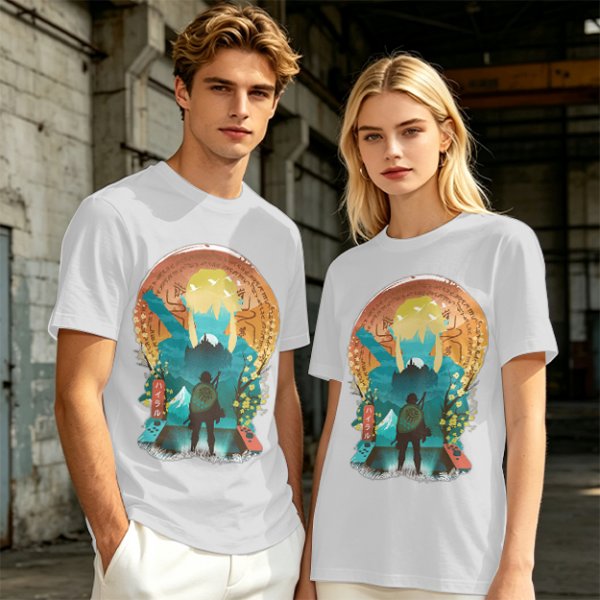 Olive Green T-Shirt With Fantasy Hero Silhouette Landscape Art