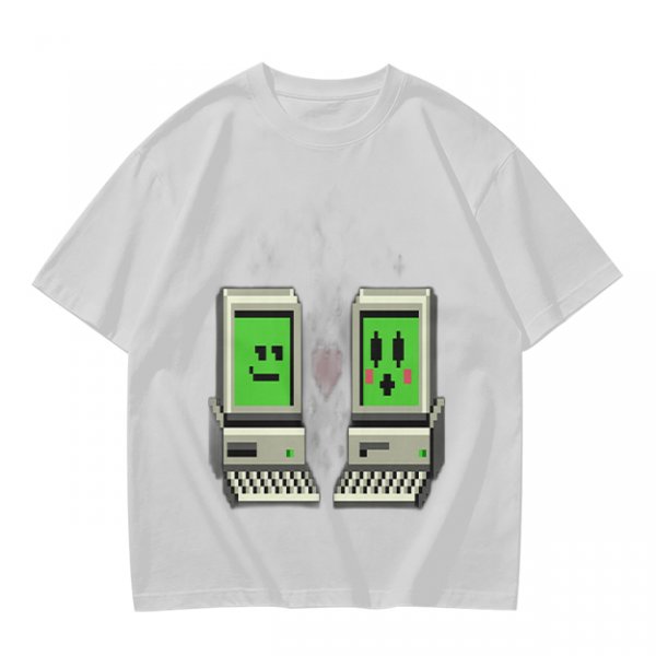 Olive T-shirt with pixel art retro computer characters print
