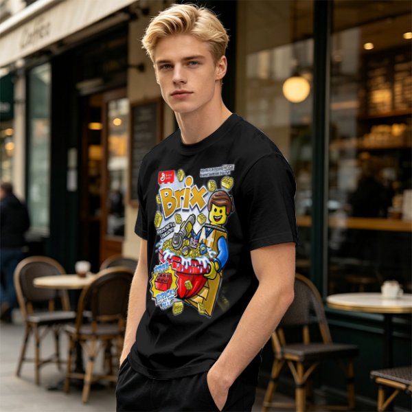 Olive t-shirt with Lego-style Brix cereal graphic print