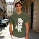 Olive T-Shirt With Angry Fluffy White Creature Swatting At Bee Print